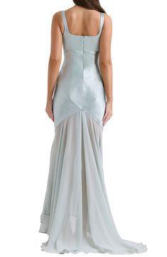 Bring sultry elegance to your next special event in this romantic gown that's made in panels of lustrous satin with sculptural seams that enhance your figure. The asymmetric skirt is made from floaty, sheer chiffon that flows into a dramatic sweeping train. Exclusive retailer Hidden back-zip closure Square neck Sleeveless Lined 75% acetate, 25% polyester with 100% polyester contrast Dry clean Imported Frida Tattoo, Romantic Gown, Asymmetric Skirt, Floor Length Gown, Gowns Online, Chiffon Gown, Satin Maxi, Satin Maxi Dress, House Of Cb