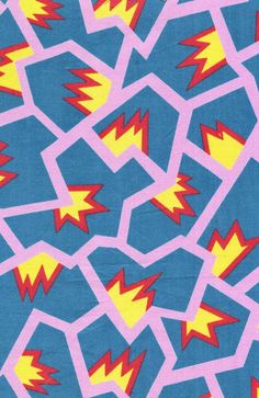 a blue and pink pattern with yellow lightnings on it