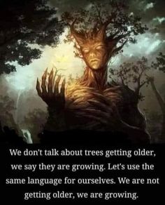 an image with the words we don't talk about trees getting older, we say they are growing