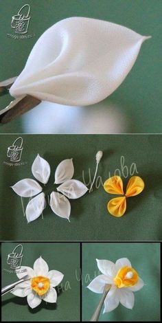 the process of making paper flowers is shown in four different stages, including petals and leaves