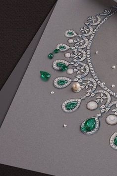 Jwelery Designs Drawing, Emerald Diamond Necklace, Jewelry Rendering, Art Jewelry Design