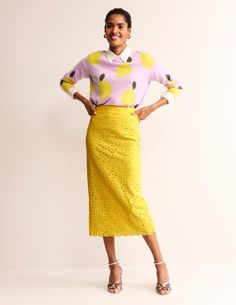 Broderie Column Skirt - Vibrant Yellow | Boden US Embroidered Skirt Outfit, Yellow Midi Skirt, Broderie Dress, Colorful Outfit Ideas, Royal Indian, Superhero Fashion, Colorful Outfit, Column Skirt, Valentine Dress