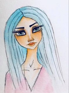 a drawing of a girl with blue hair and big eyes, wearing a pink shirt