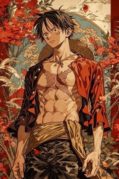 an anime character standing in front of red flowers