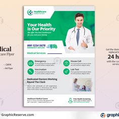 a medical flyer is shown with an image of a man in a lab coat and stethoscope