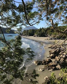 the beach is surrounded by trees and rocks