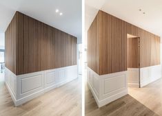 two pictures of the inside of a house with wood paneling on the walls and floor