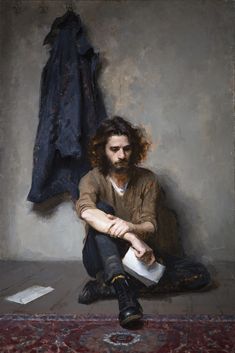 a painting of a man sitting on the floor