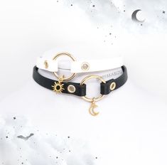 "chokers made from black or white eco strap (width 10mm/ 0,39\"). Decorated with a stainless steel charm MOON/SUN and metal o-ring. Available in 2 version: 1. White cord with SUN charm 2. Black cord with MOON charm The lenght of chokers: 32cm/12,6\" + 5cm/1,97\" of chain ATTENTION! REGISTERED LETTER- estimate shipping time is about 1-2 weeks to European Union and 3-4 weeks to outside the European Union. Tracking number doesn't work outside Poland, but it is proof of posting the package so if you Cute Chokers, Goth Collar, Pastel Goth Choker, Moon Pastel, Outfits Gothic, Gothic Prom, Collar Necklace Choker, Creepy Cute Fashion, Emo Jewelry