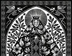 a black and white drawing of a woman surrounded by birds, flowers, and leaves