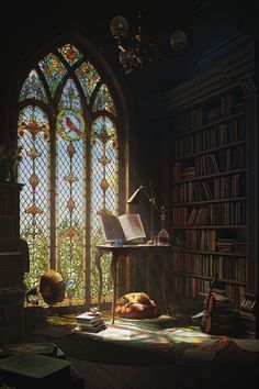 a room with a stained glass window, bookshelf and desk in front of it