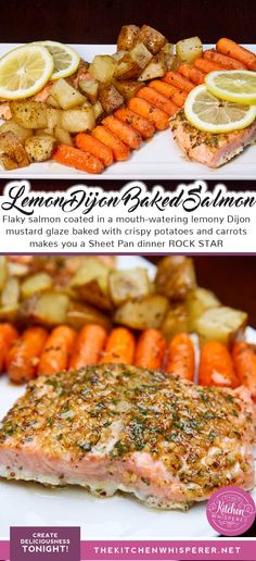 salmon, carrots and potatoes on a white plate with the title lemon biscuit baked salmon