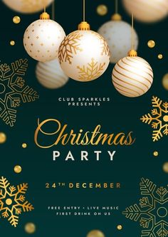 christmas party flyer with ornaments and snowflakes