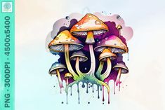 an image of colorful mushrooms with paint drips on the bottom and bottom half of it