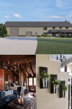 three different views of a large house and living room