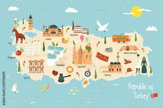 an illustrated map of turkey with all the main attractions