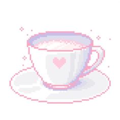 a cross stitch coffee cup and saucer with hearts on the side, sitting on a plate