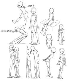 some sketches of people standing and sitting in different positions