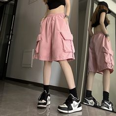 Color: Pink, Size: S Comfy School Outfits, Short Pants Outfit, Cargo Shorts Women, Junior Pants, Streetwear Korean, Wide Leg Shorts, Streetwear Mode, Sports Shorts Women, Y2k Shorts