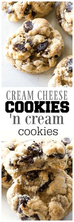 cookies are stacked on top of each other with the words, cream cheese cookies'n cream