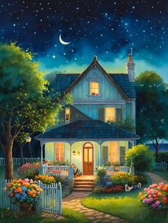 a painting of a house at night with the moon in the sky and flowers on the ground