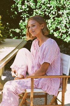 Sophie Sleep Set - Pants - Cotton - Gingham Berry Resort Wear Men, Rotary Screen Printing, White Bridesmaid, Gathered Sleeves, Sleep Set, Cotton Set, Blue Hydrangea, Comfy Cozy, Pajama Sets