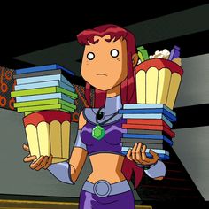 an animated woman holding stacks of books in her hands