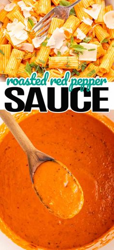 a bowl of roasted red pepper sauce with a wooden spoon in it and the title above reads, roasted red pepper sauce