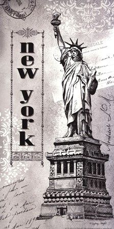 the statue of liberty is shown in black and white, with words above it that spell out new york