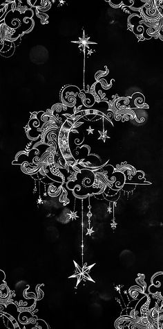 a black and white drawing of the moon with stars hanging from it's sides