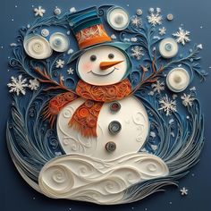 a snowman made out of paper and buttons on a blue background with white swirls