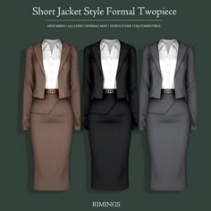 three women's suits in different colors and sizes, with the words short jacket style formal