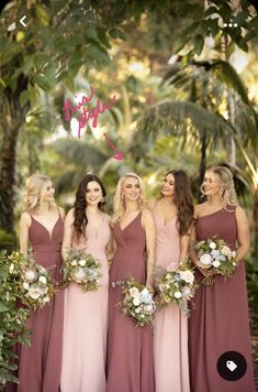 the bridesmaids are all wearing different colored dresses