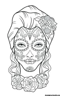 a woman's face with roses on her head and the words sugar skulls in black ink