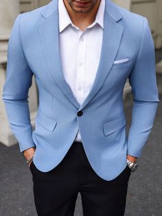 Celeste Trabajo Collar manga larga Tela Color combinado,Liso Normal Embellished No-Elástico Light Blue Blazer Outfit Men, Men Blazer Outfit, Blazer For Man, Blue Blazer Outfit Men, Sky Blue Blazer, Kueez Celebrity, Blue Blazer Outfit, Sky Blue Suit, Office Jacket