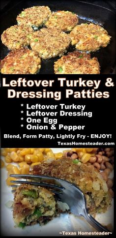 Leftover Turkey & dressing Combined, Shaped Into Patties & Lightly Fried. ~ Texas Homesteader ~ Leftover Turkey Sandwich Recipes, Leftover Stuffing Recipes, Turkey And Dressing, Turkey Dressing Recipe, Homestead Hacks, Dressing Stuffing, Homesteading Inspiration, Turkey Dressing, Turkey Patties