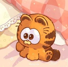 a brown teddy bear sitting on top of a bed next to pillows and blankets with eyes wide open