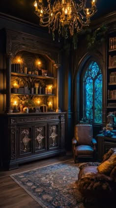 a living room filled with furniture and a chandelier