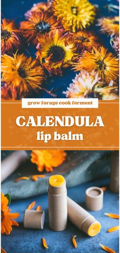 calendula lip balm with flowers on the side and text overlay that reads,