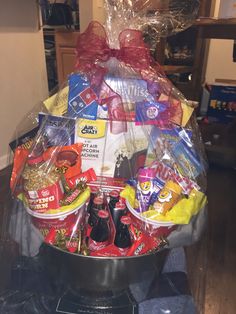 a large gift basket filled with snacks and drinks