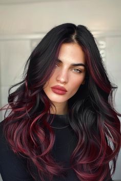 Dark Burgundy And Black Hair, Black Hair With Maroon Underneath, Cherry Red Hair Styles, Long Dark Hair With Red Highlights, Black Hair Red Lowlights, Dark Fall Hair Colors With Money Piece, Burgundy Hair With Black Underneath, Black Hair With Fun Colors, Maroon Hair Balayage