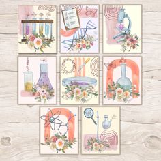 four different cards with flowers and science related items in them on a wooden background,