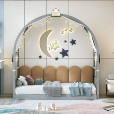 a child's room with a bed and stars on the wall, along with lights that spell out good night