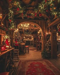 a room decorated for christmas with lights and decorations