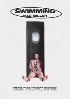 a movie poster for the film swimming with mac miller, featuring a man in a pink suit