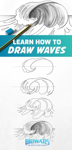 A collage of images depicting hte process of wave drawing. Wave Sketch Pencil, Ocean Waves Drawing Pencil, Drawing Waves Ocean, Waves Drawing Pencil, How To Draw Waves Step By Step, How To Draw Ocean Waves, Water Wave Drawing, How To Draw Waves Easy