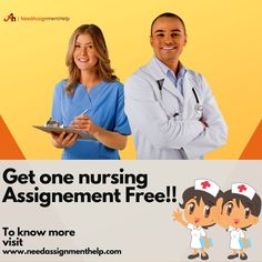 a man and woman in scrubs standing next to each other with the caption get one nursing assignment free