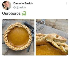 two pictures of pies and forks on top of a wooden table with the words danielle baskin @dbbaskin