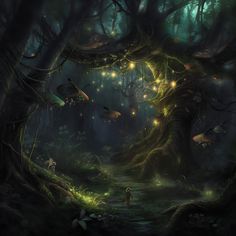 a forest scene with fairy lights in the trees and people walking through the woods at night