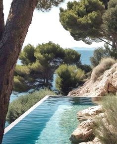 an empty swimming pool surrounded by trees and rocks with the ocean in the background on a sunny day